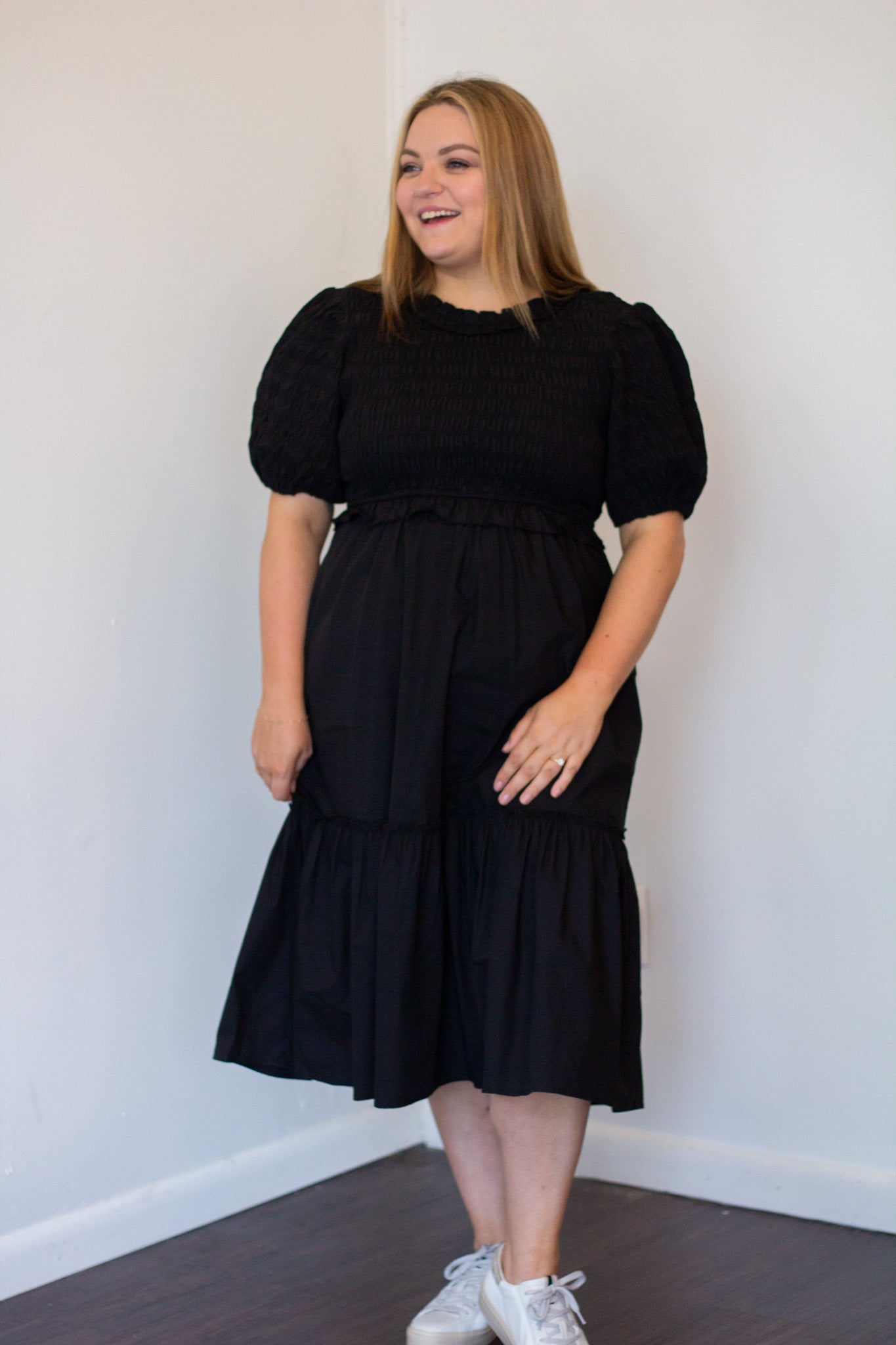 Smocked Puff Sleeve Poplin Dress