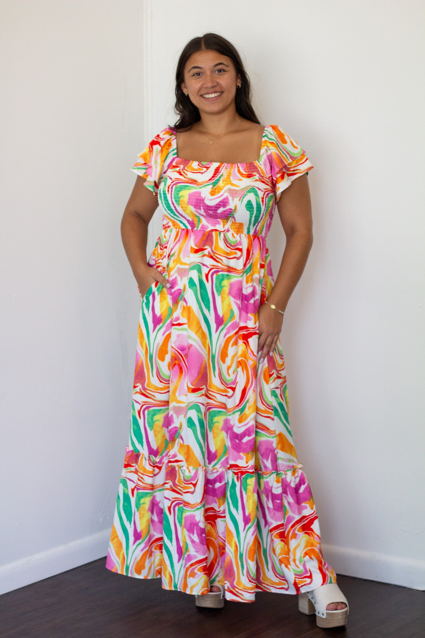 Marble Print Smocked Dress