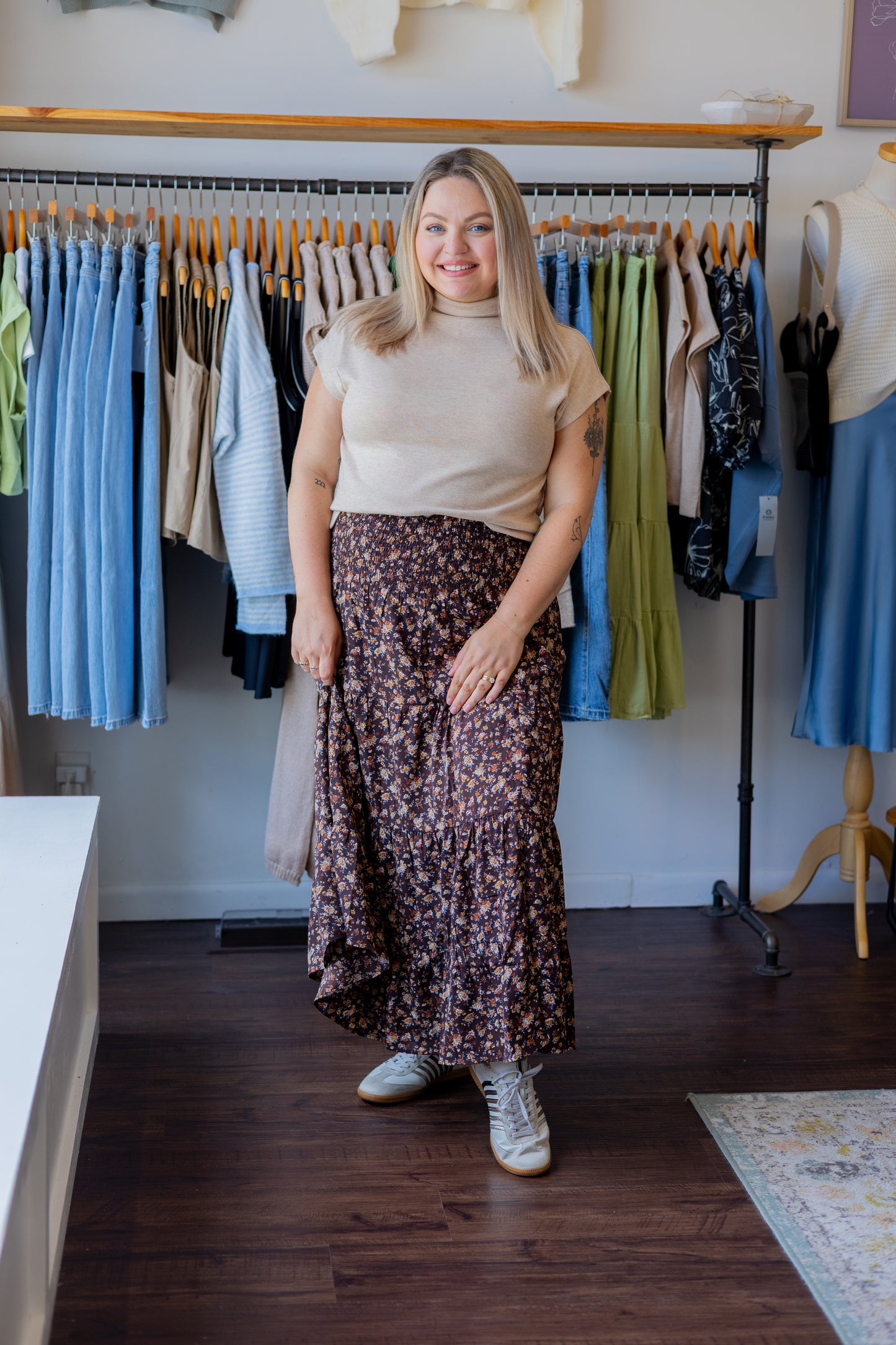Floral Tiered Front Slit Midi Skirt