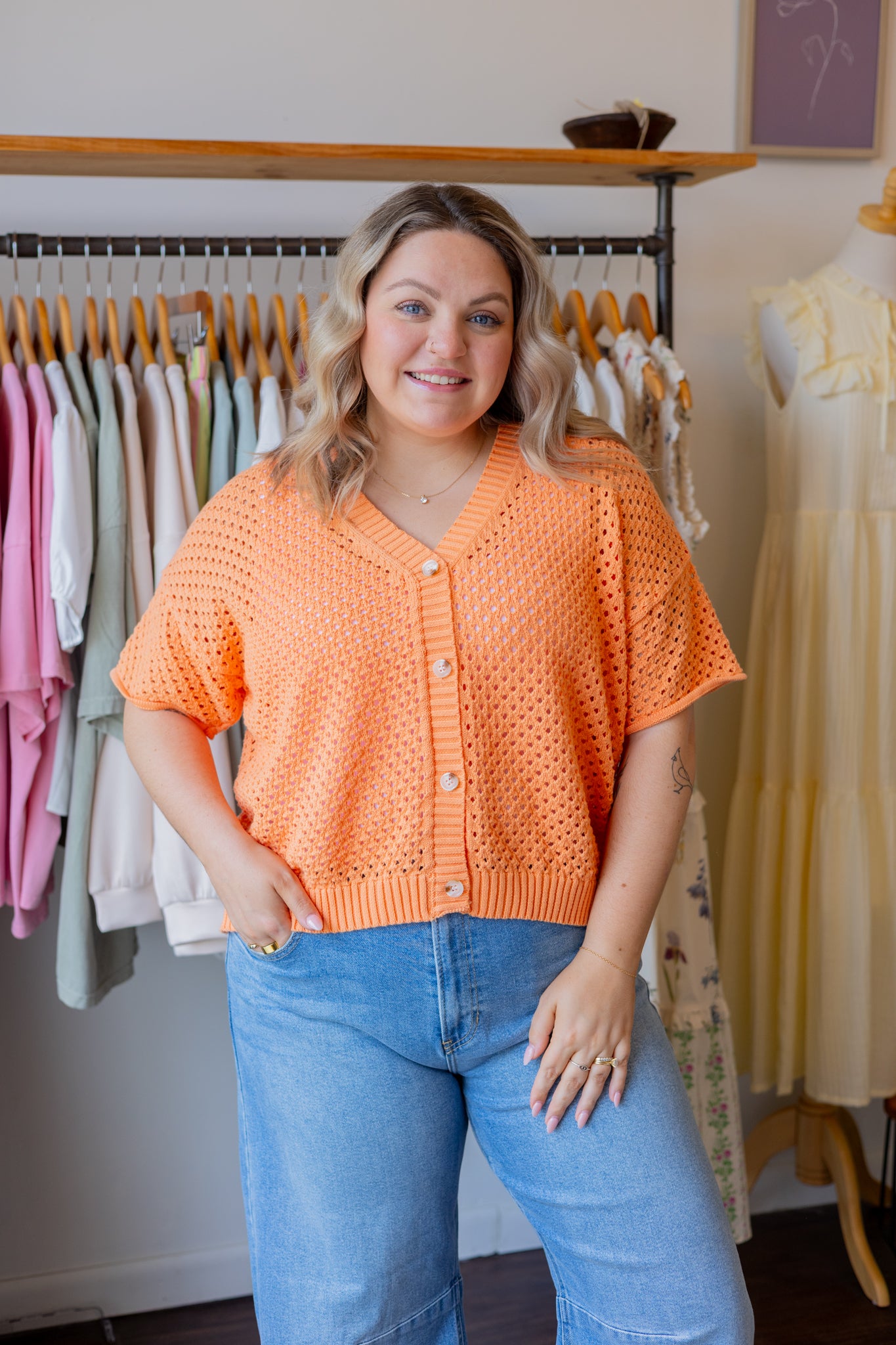 Open Knit Button-Up Top