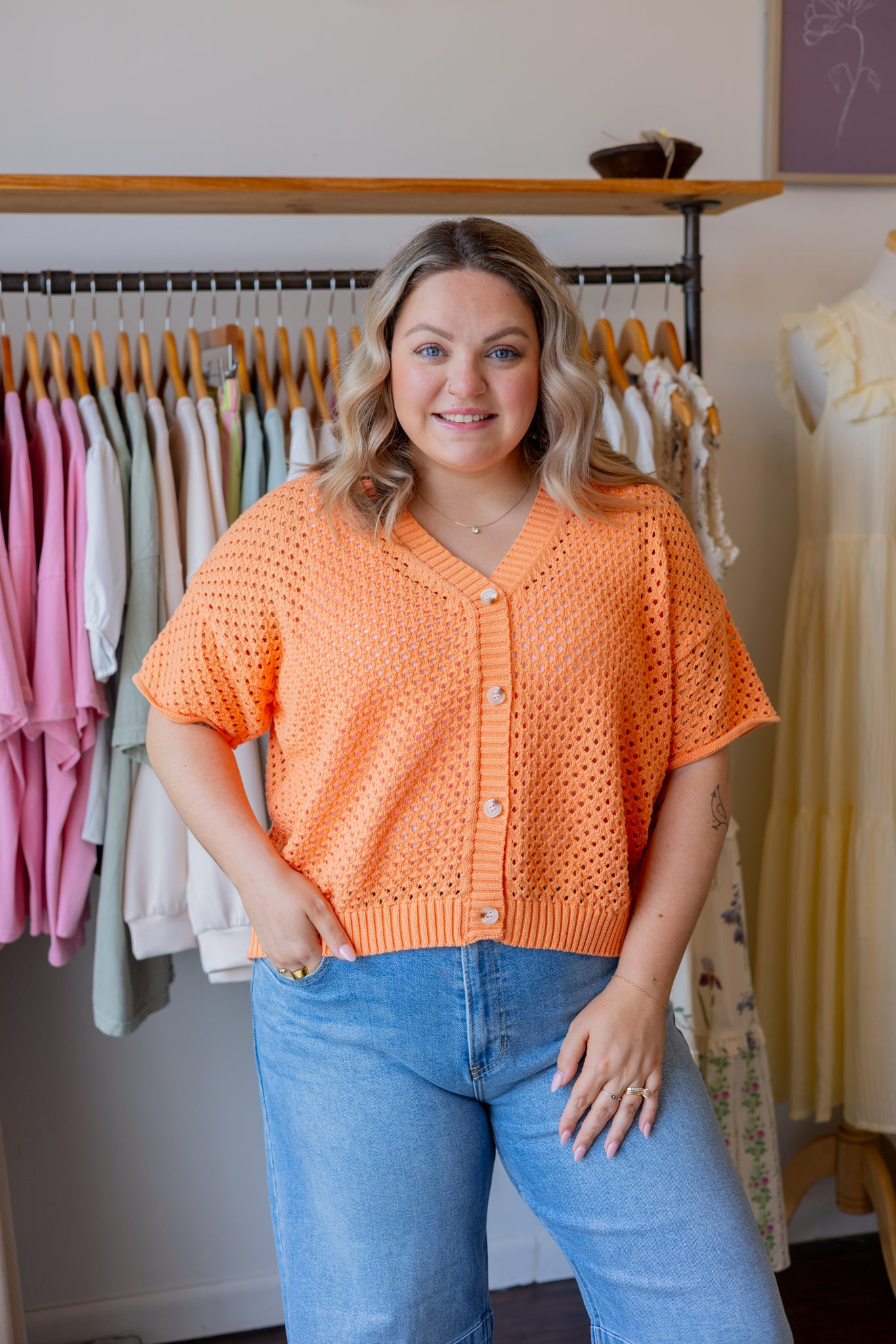 Open Knit Button-Up Top