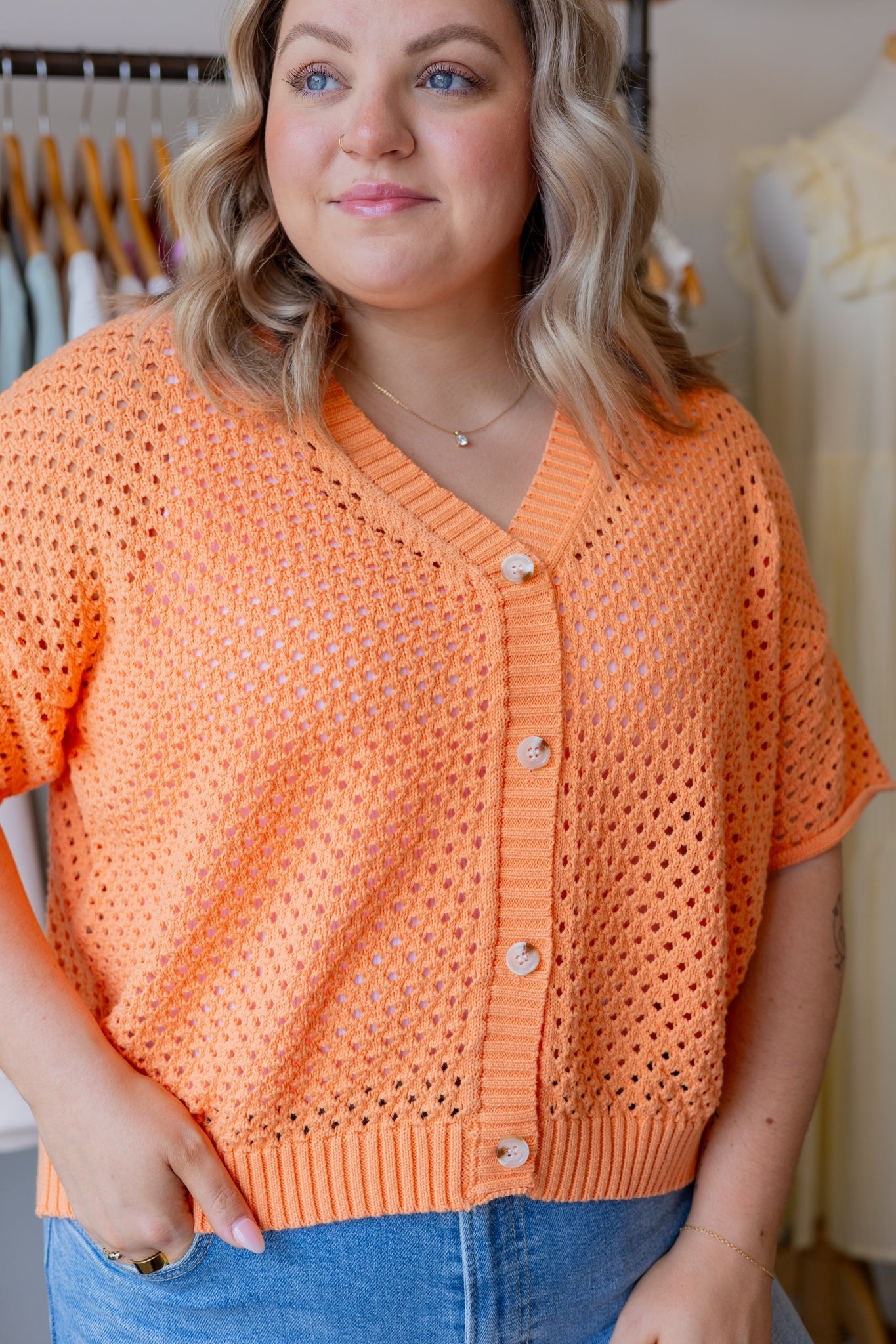 Open Knit Button-Up Top