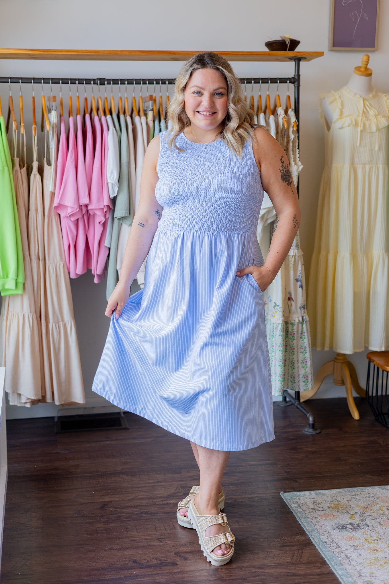 Striped Smocked Midi Dress