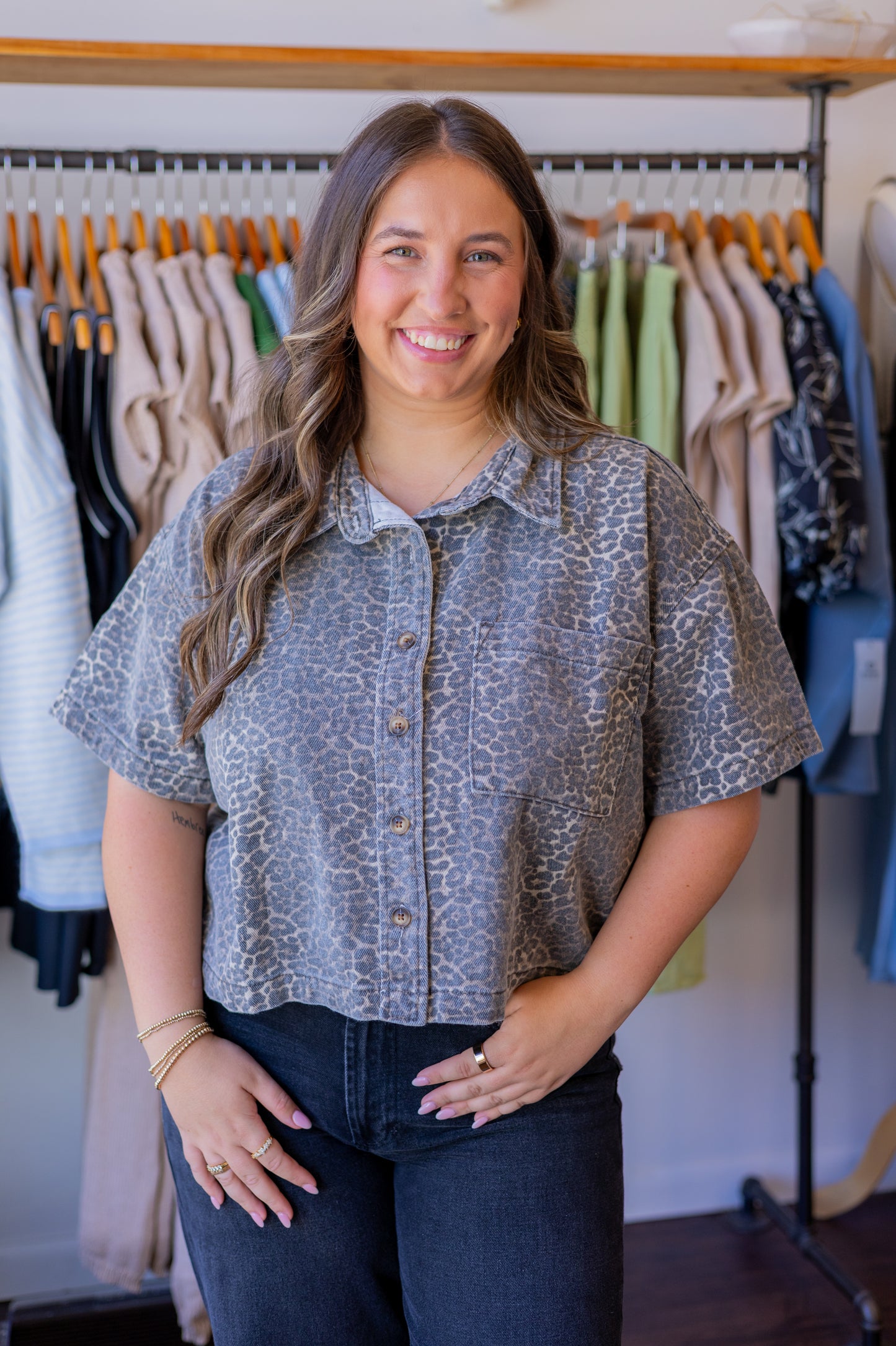 Leopard Button-Up Denim Shirt