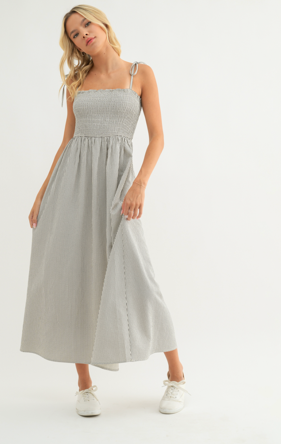 Striped Shoulder Tie Maxi Dress
