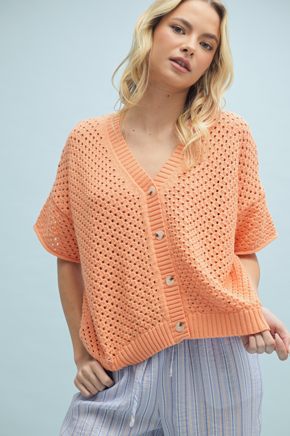 Open Knit Button-Up Top