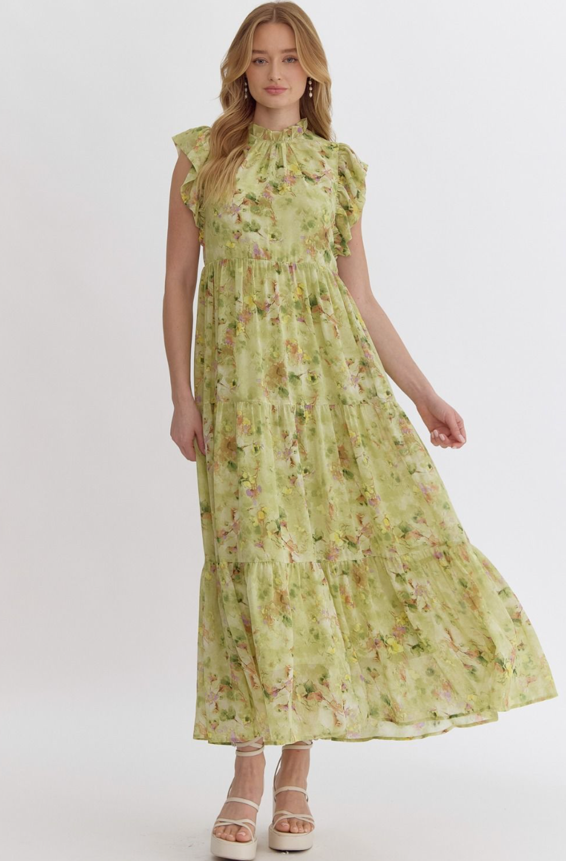 Floral Ruffle Neck Midi Dress
