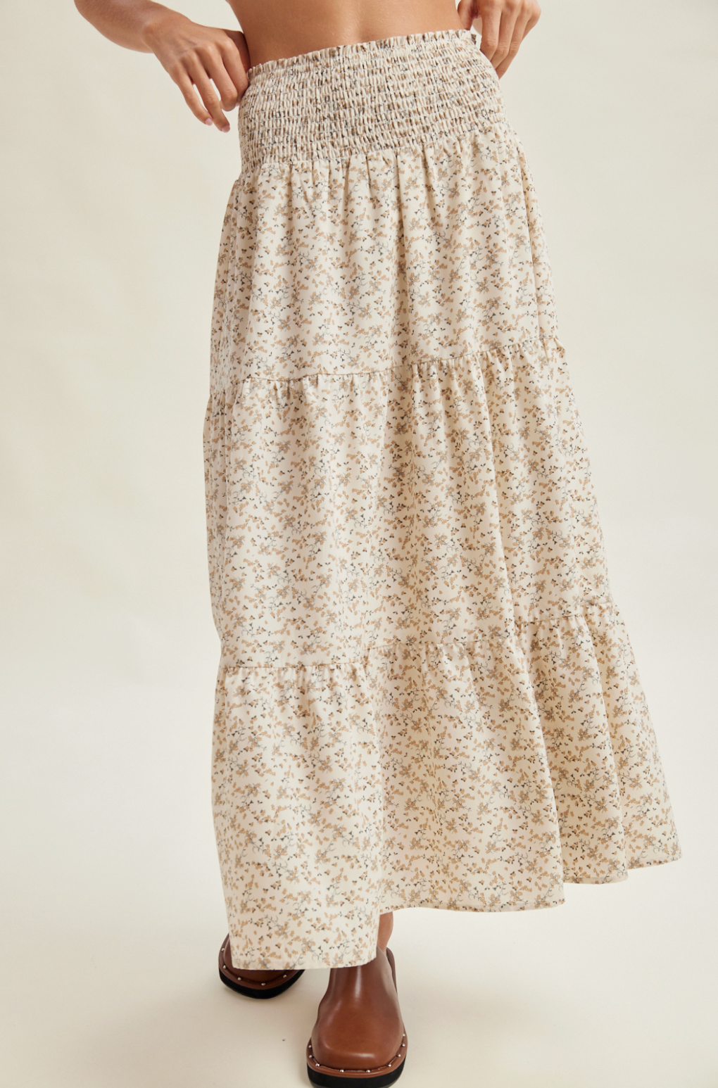 Smocked Waist Floral Midi Skirt
