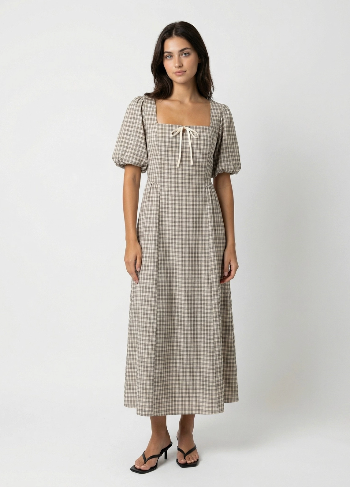Plaid Puff Sleeve Midi Dress