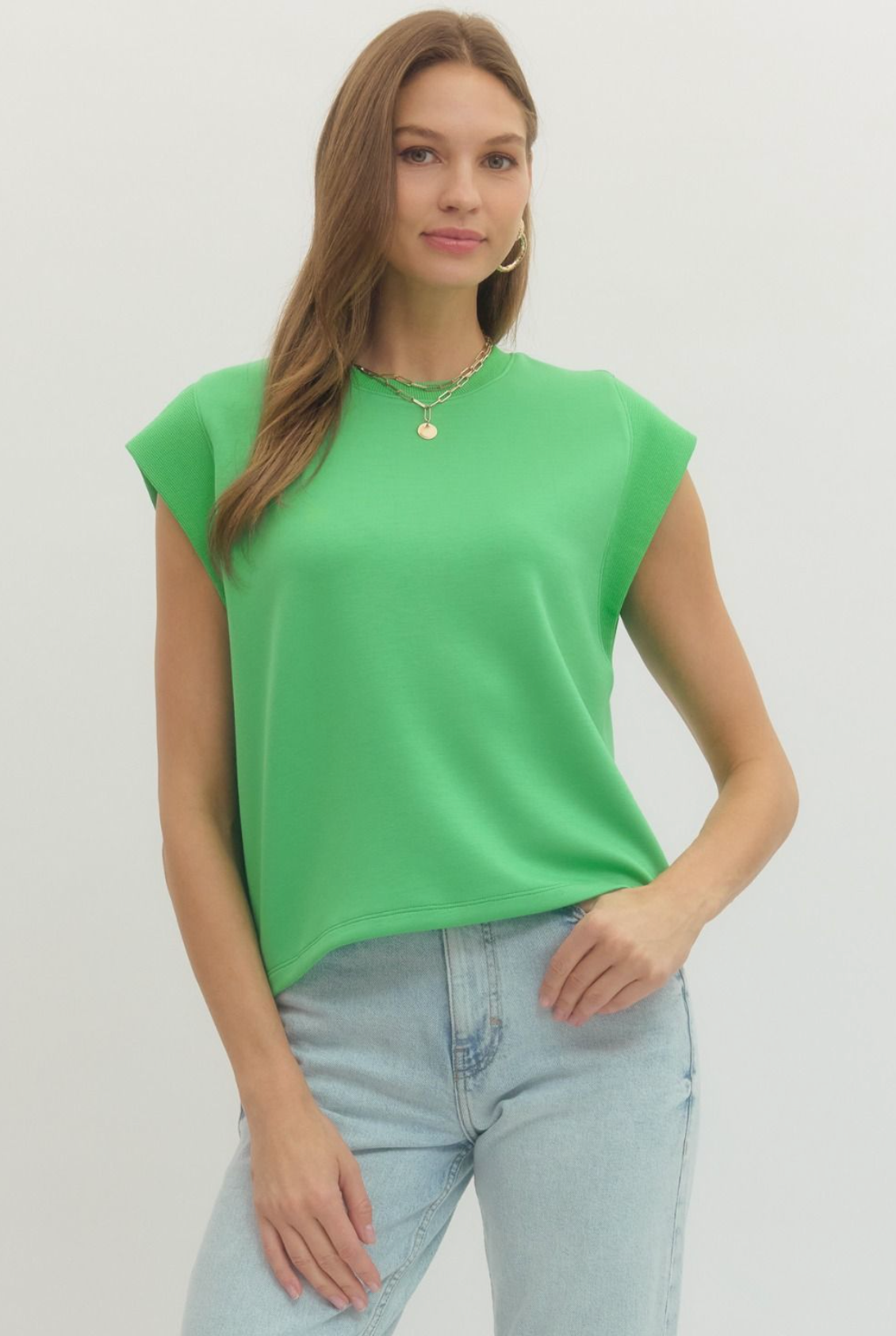 Solid Cap Sleeve Crew Neck