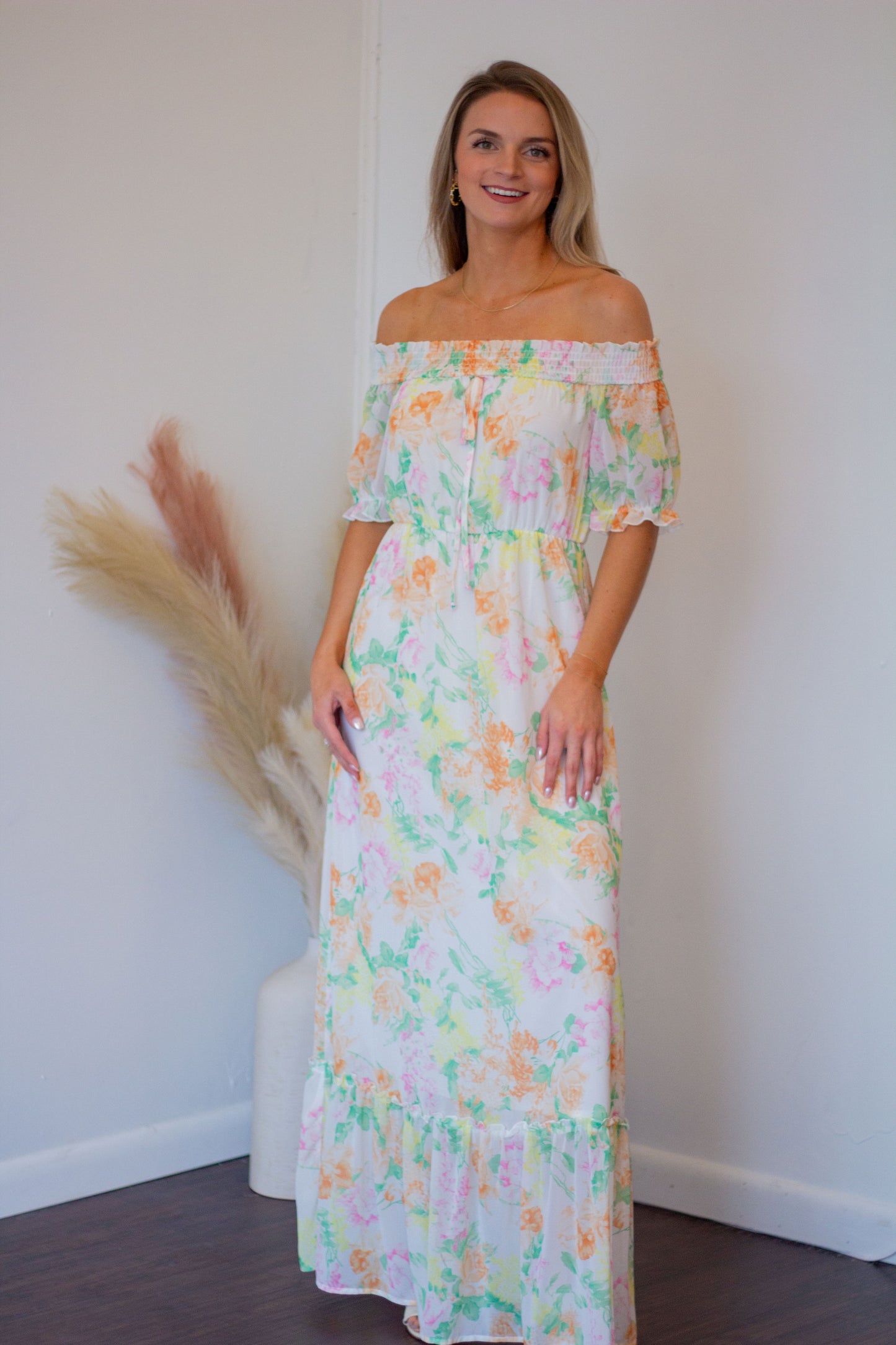 Smocked Off the Shoulder Maxi Dress