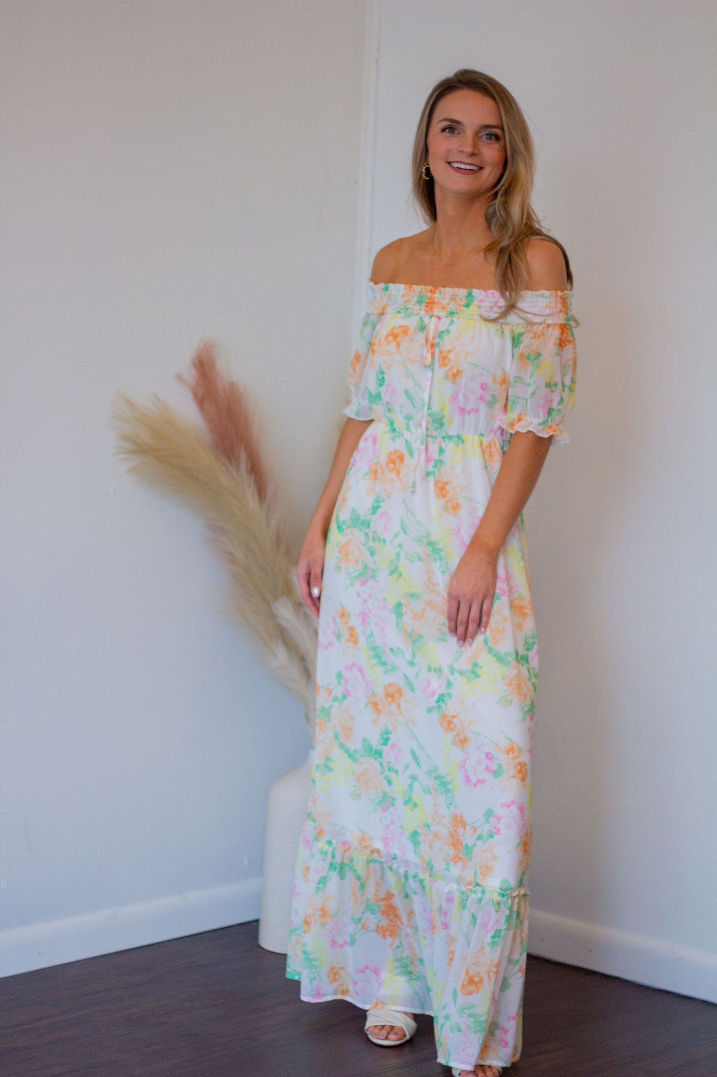 Smocked Off the Shoulder Maxi Dress