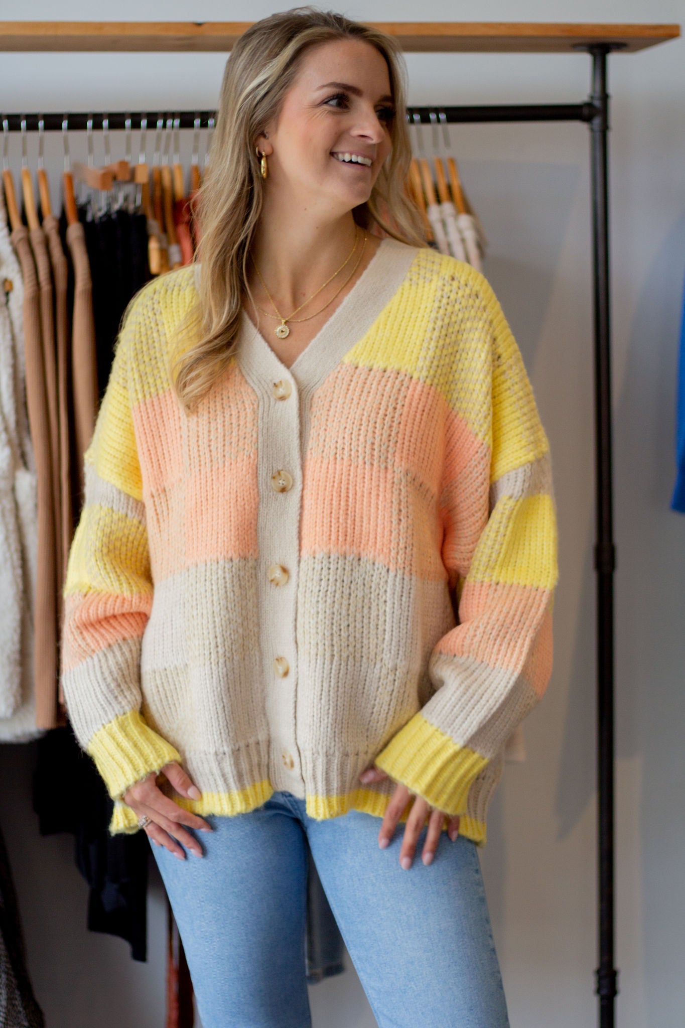 Color Block Check Texture Cardigan