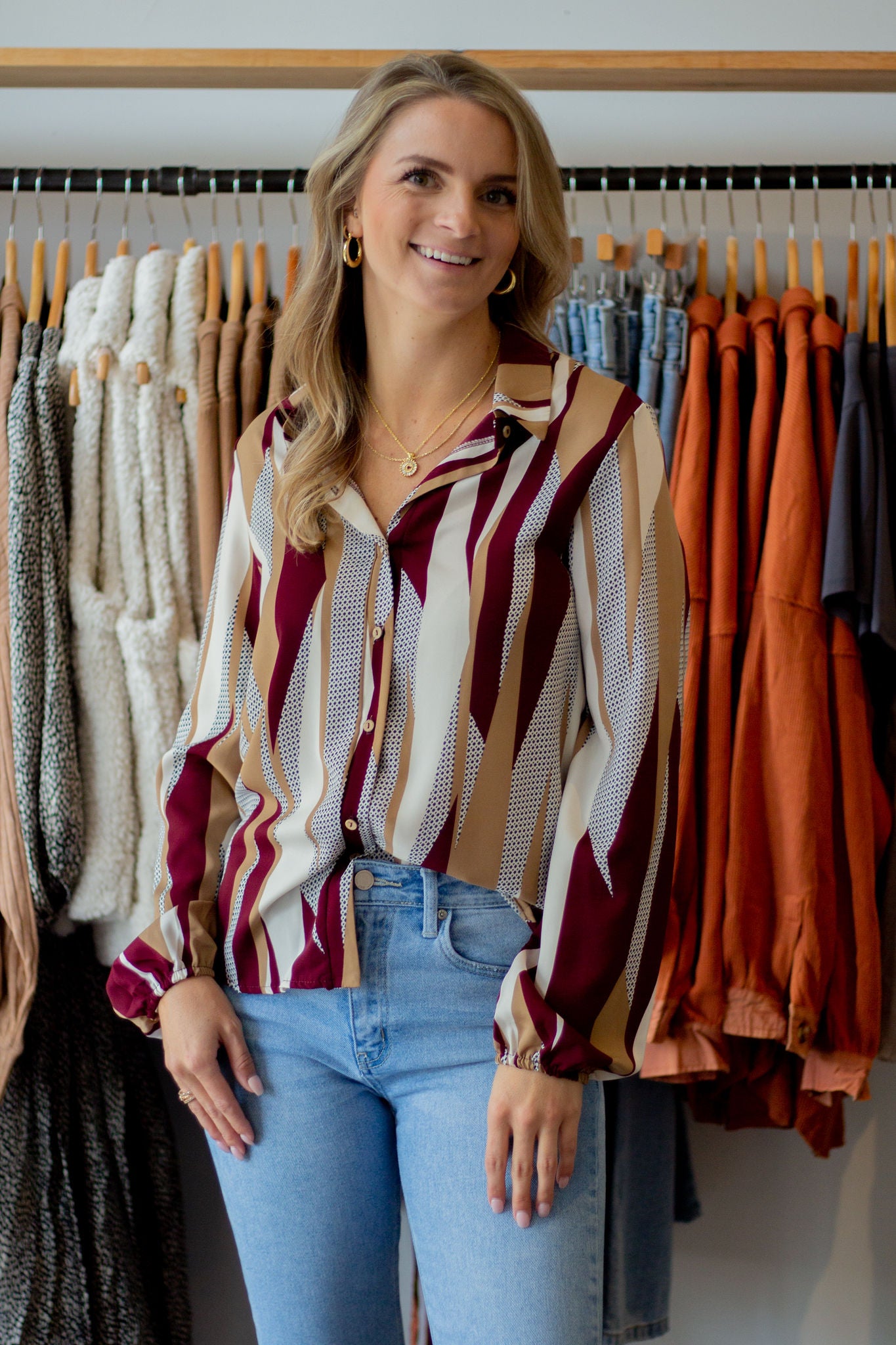 Geometric Print Long Sleeve Shirt Blouse