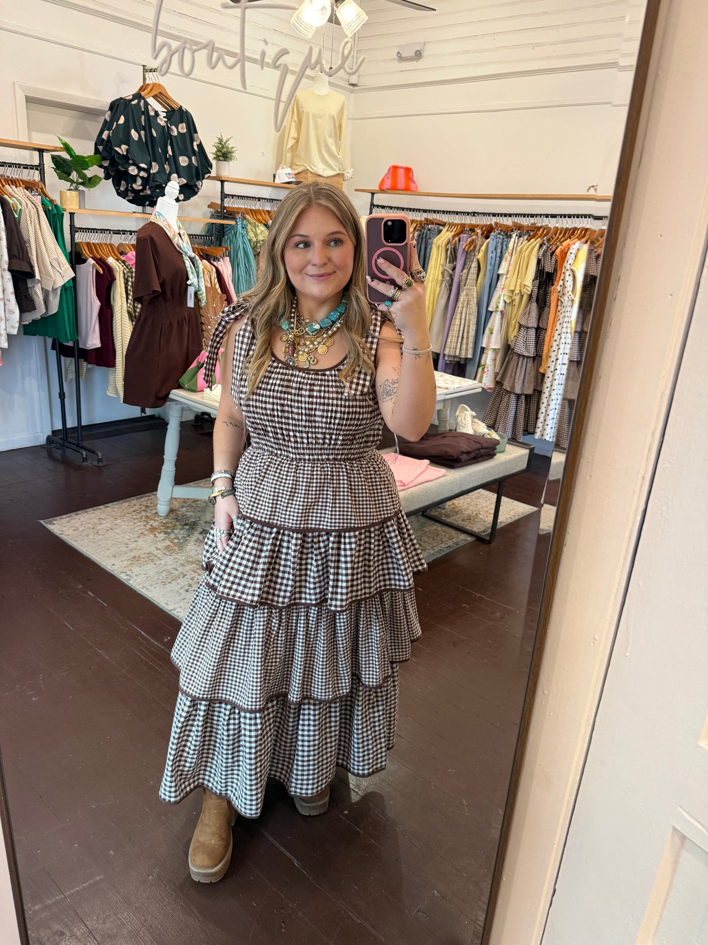Gingham Tiered Sleeveless Midi Dress