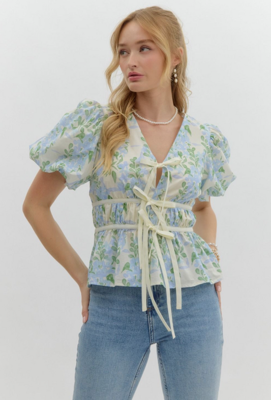 Floral Print Bubble Sleeve Blouse