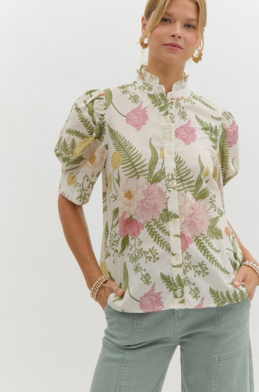 Floral Ruffle Neck Blouse