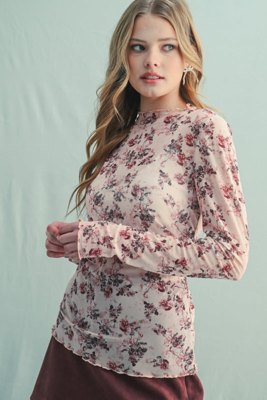 Floral Mock Neck Mesh Top