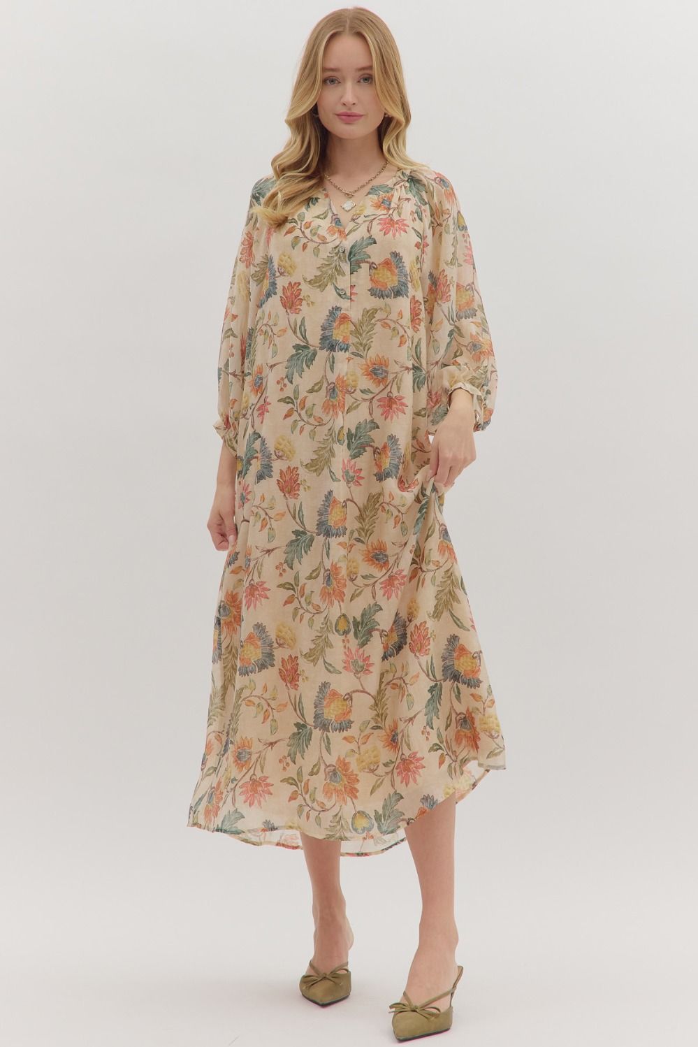 Botanical Print Long Sleeve Dress