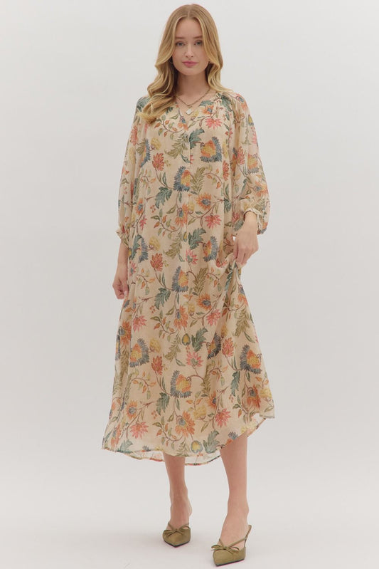 Botanical Print Long Sleeve Dress