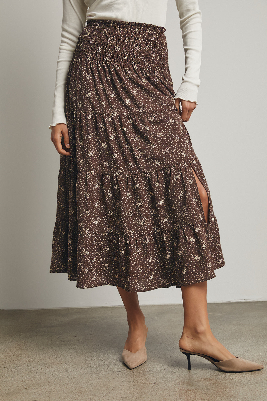 Floral Tiered Front Slit Midi Skirt