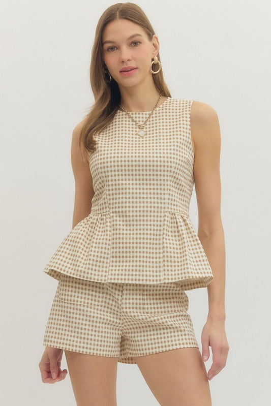 Gingham Sleeveless Peplum Top