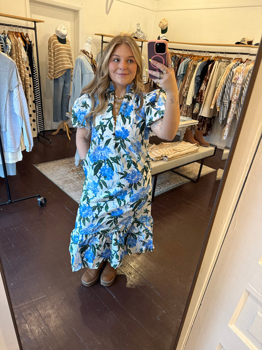 Floral Ruffle Neck Midi Dress