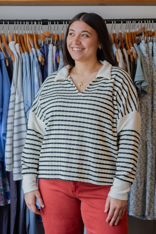 Wide Collar Striped Top