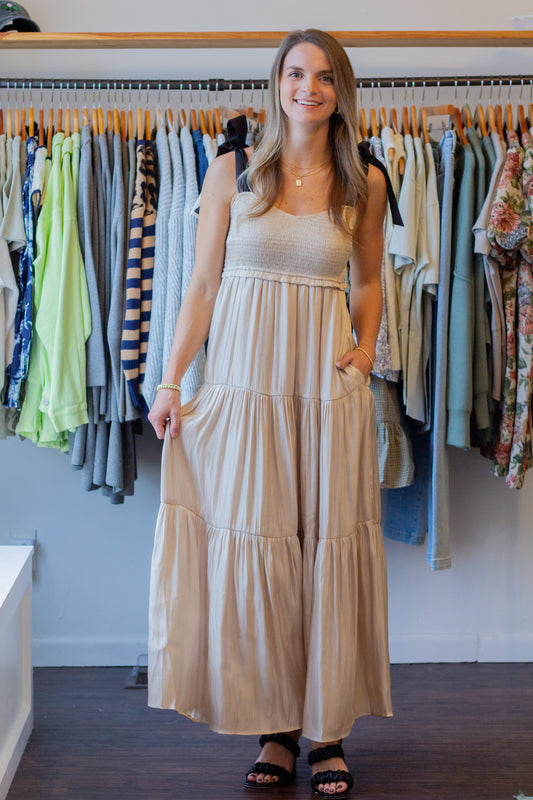 Tiered Satin Maxi Dress