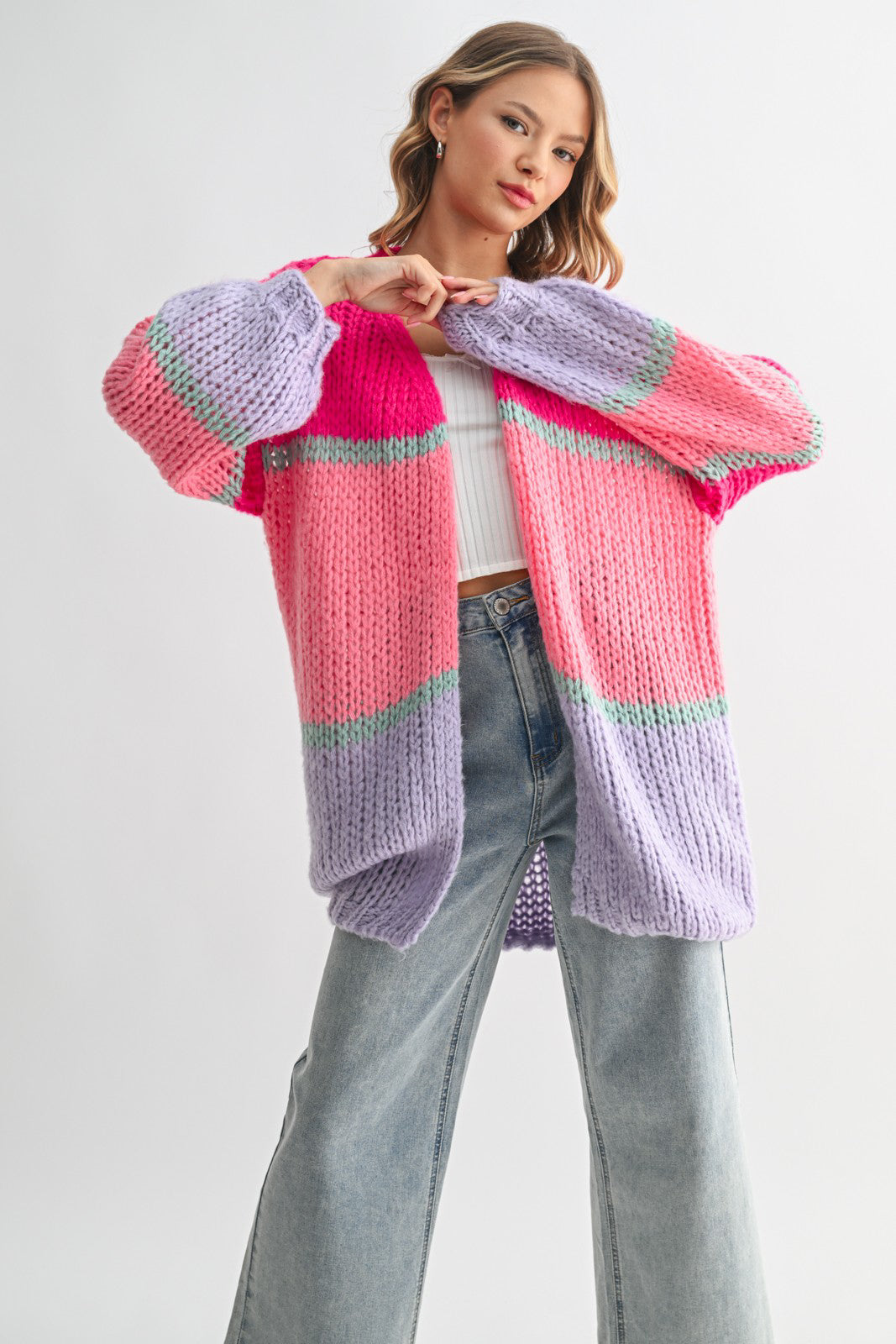 Colorblock Open Knit Cardigan