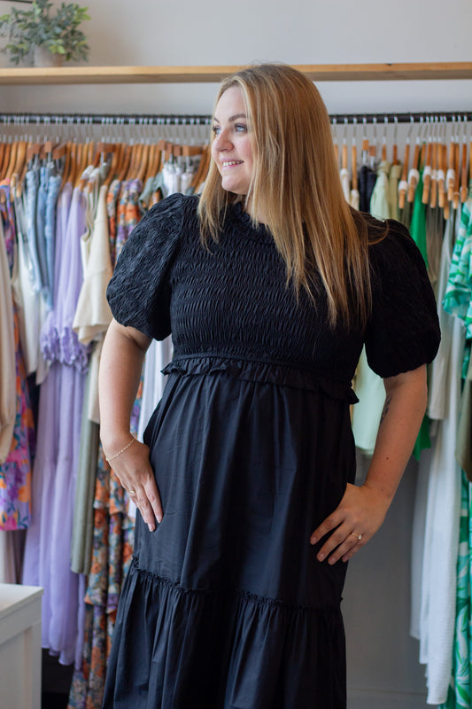 Smocked Puff Sleeve Poplin Dress