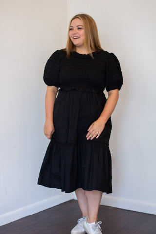 Smocked Puff Sleeve Poplin Dress