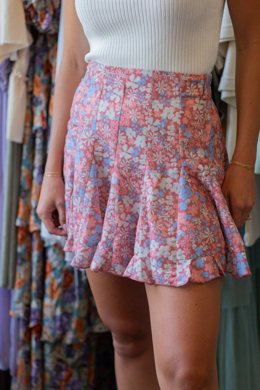 Ruffle Detail Floral Mini Skirt