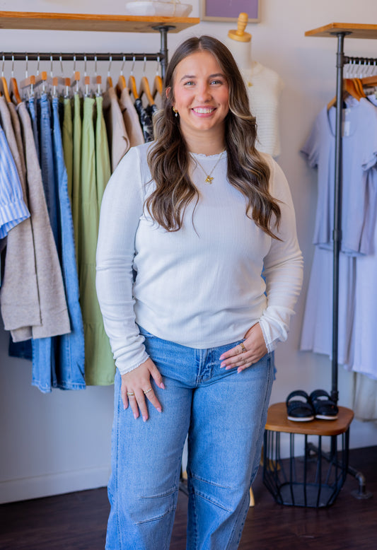 Pointelle Knit Long Sleeve Top