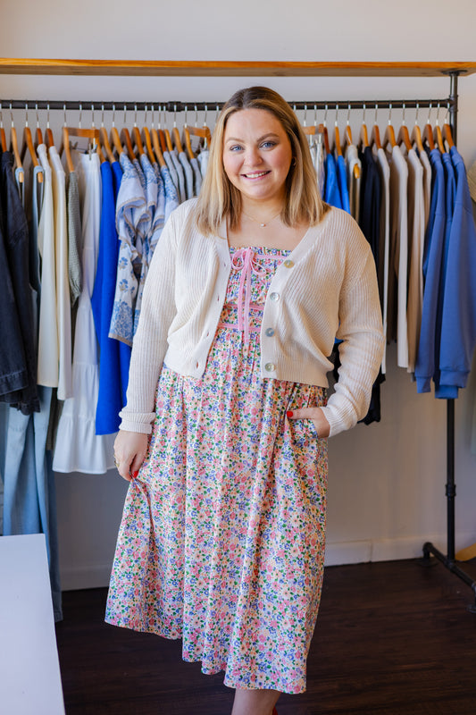 Floral Velvet Trim Midi Dress