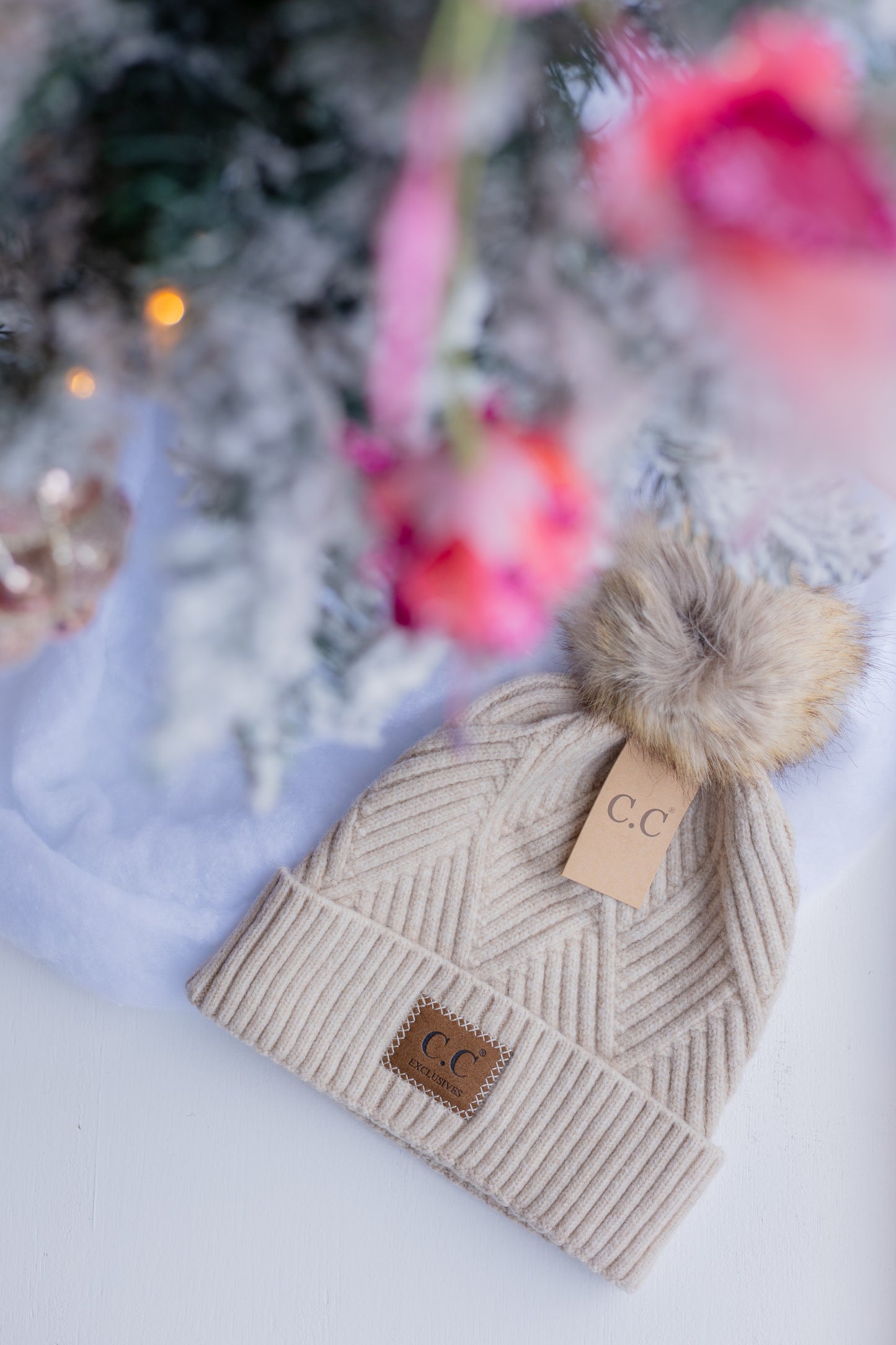Amelia Large Patch Heathered Pom Beanie