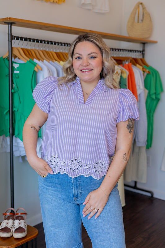 Pinstripe Embroidered Blouse