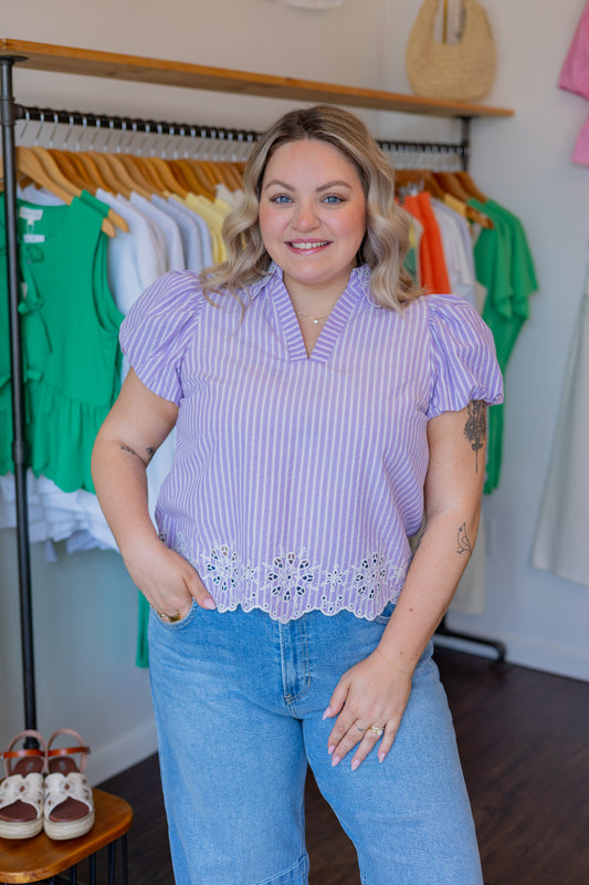 Pinstripe Embroidered Blouse
