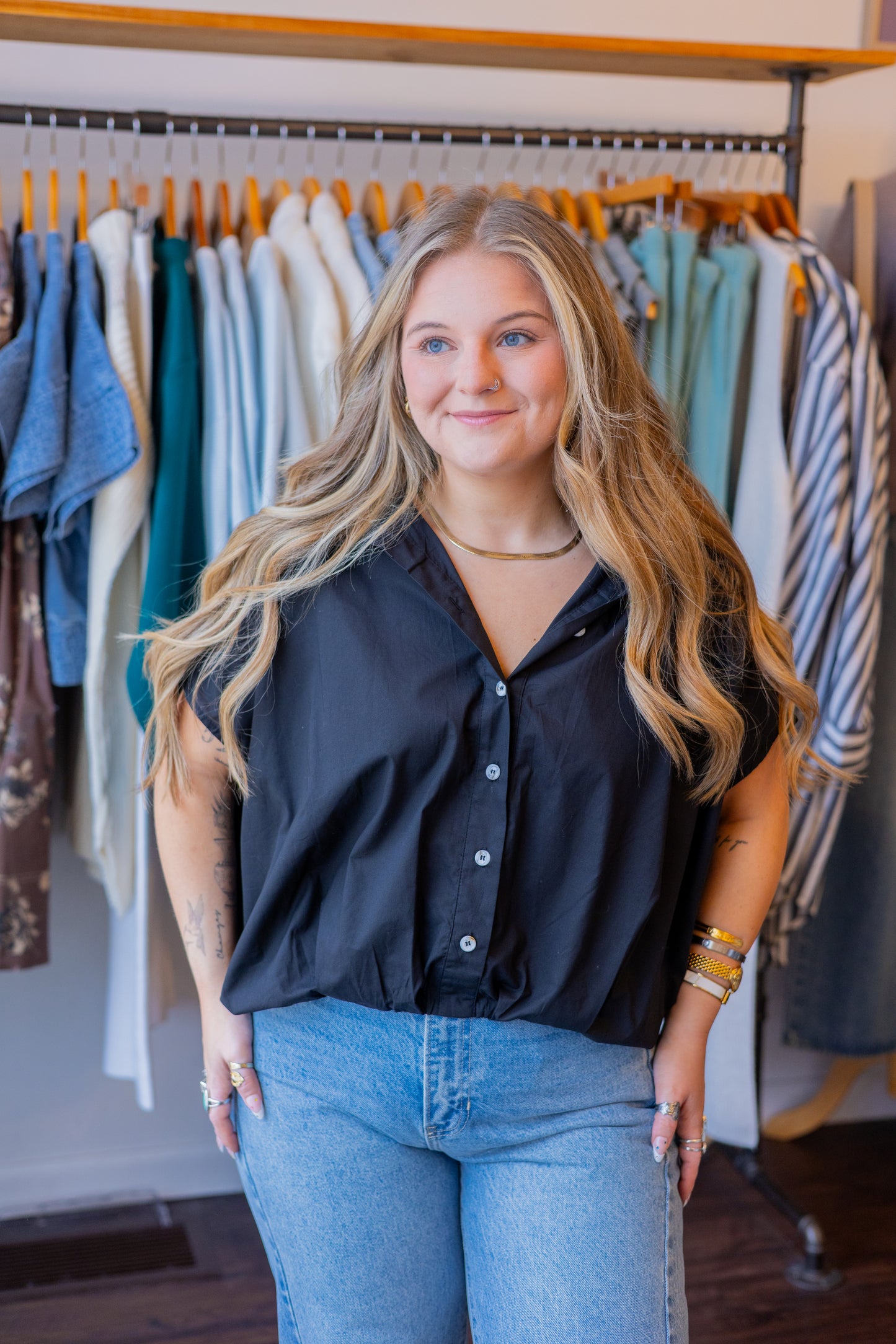 Bubble Hem Button-Up Blouse