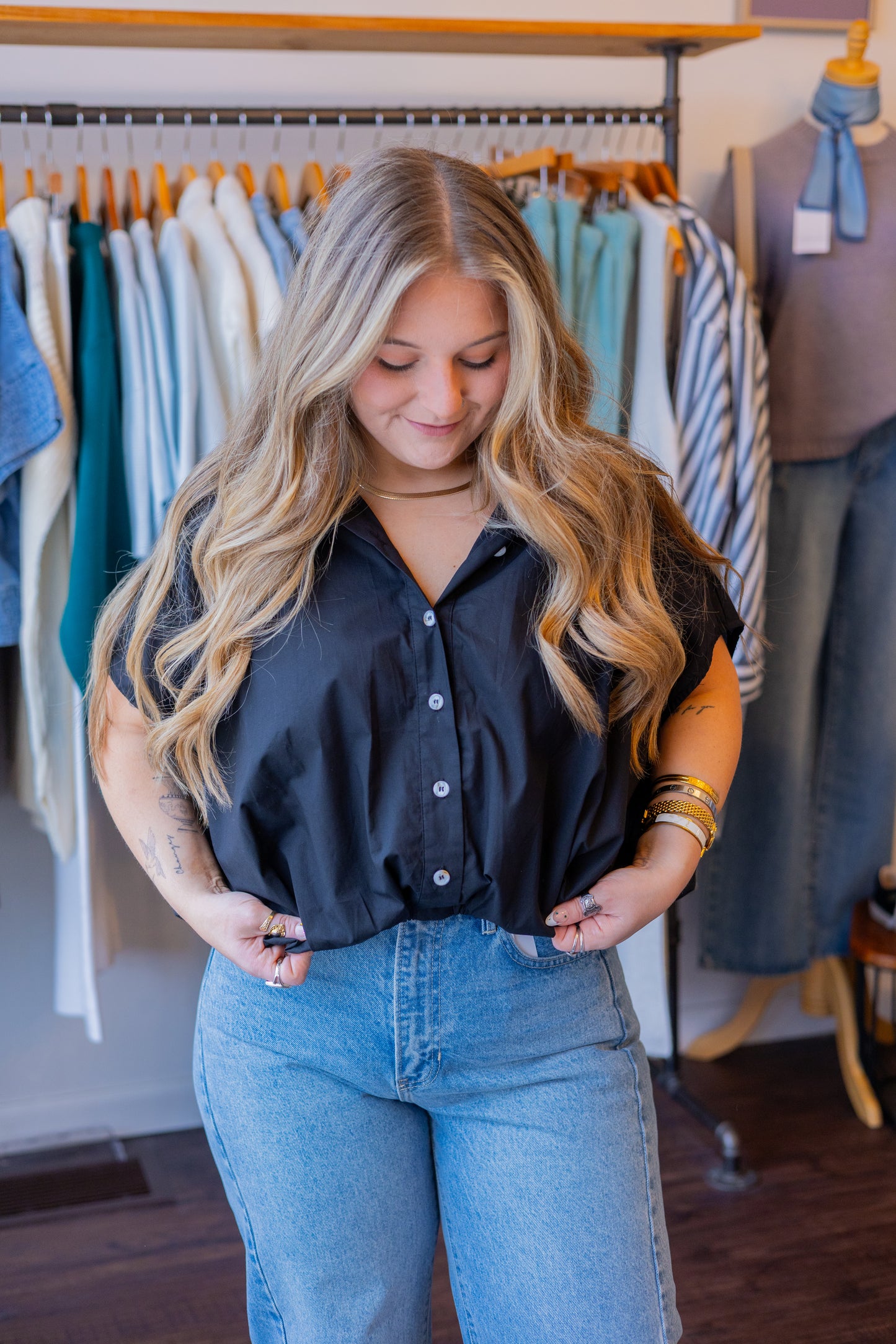 Bubble Hem Button-Up Blouse