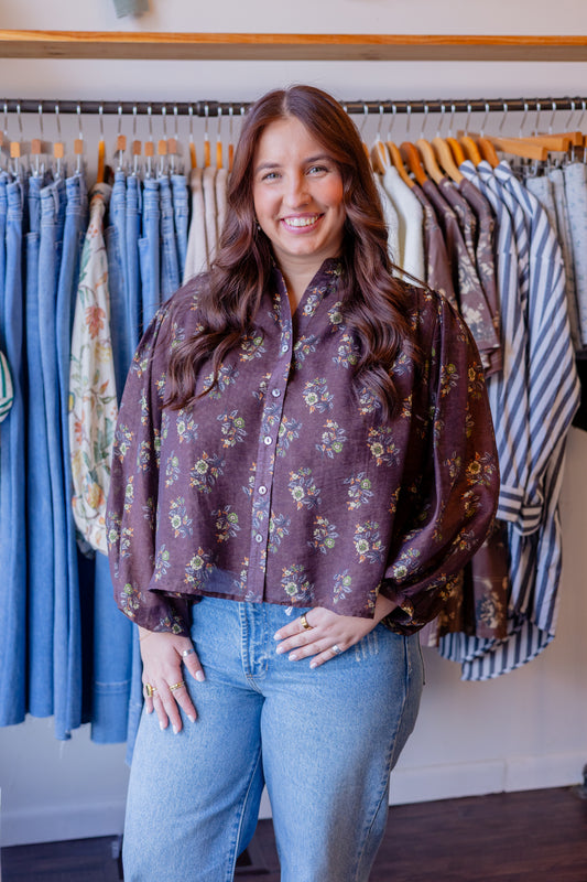 Botanical Print Long Sleeve Blouse