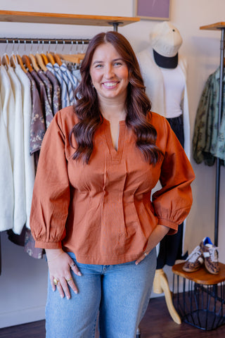 Solid V-Neck Long Sleeve Top