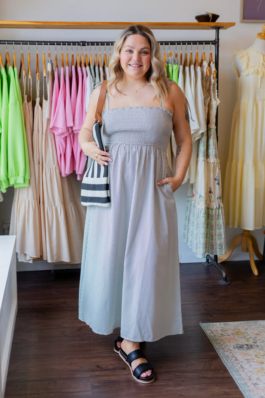 Striped Shoulder Tie Maxi Dress