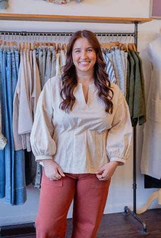 Solid V-Neck Long Sleeve Top