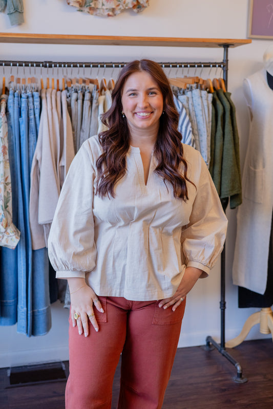 Solid V-Neck Long Sleeve Top