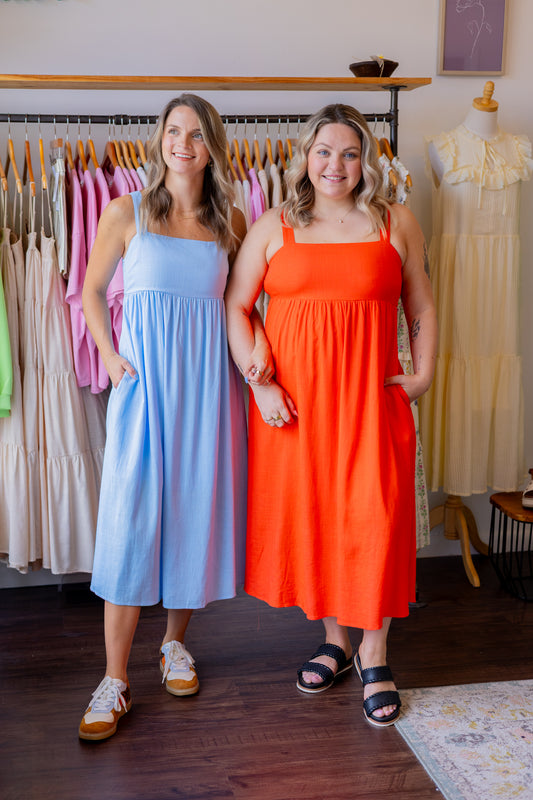 Linen Square Neck Midi Dress