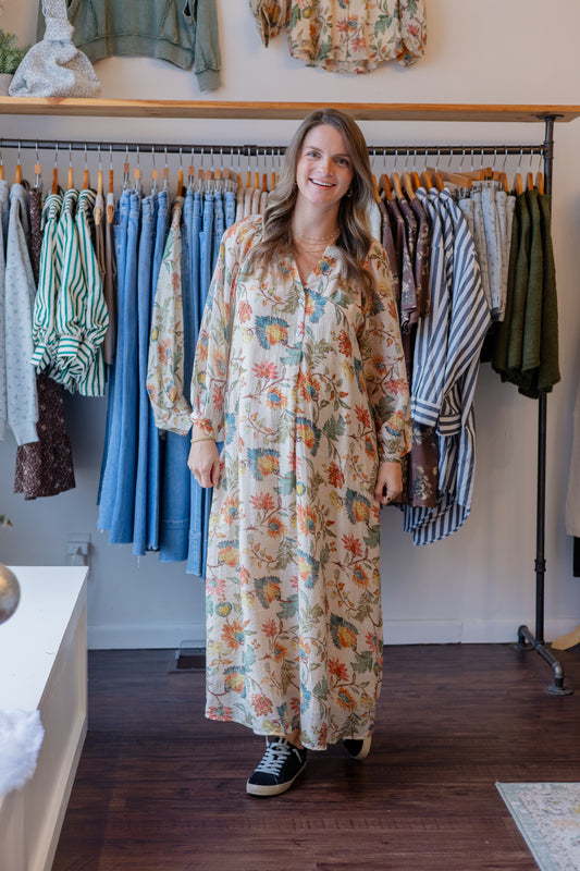 Botanical Print Long Sleeve Dress