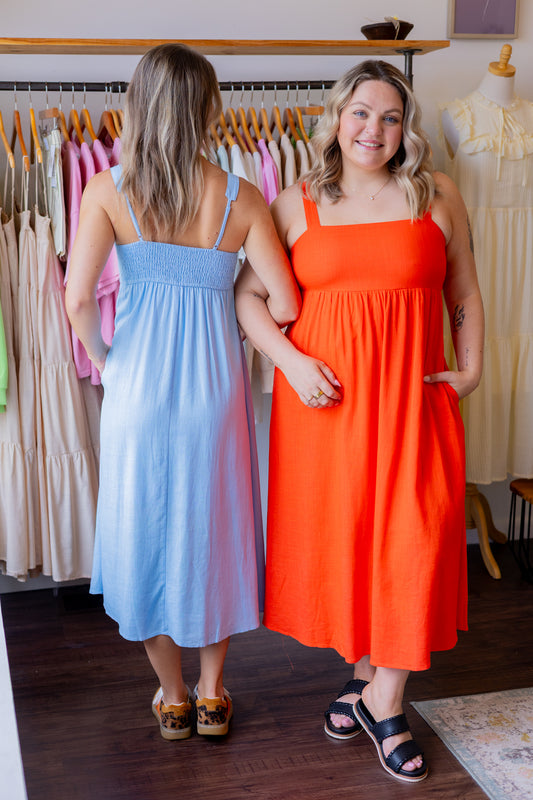 Linen Square Neck Midi Dress