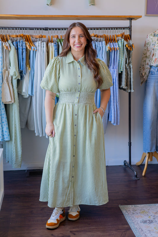 Gingham Smocked Waist Midi Dress