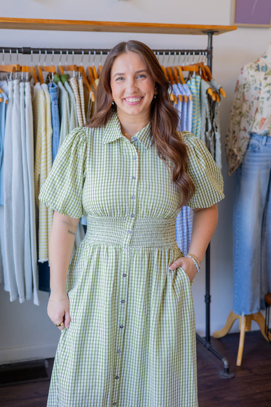 Gingham Smocked Waist Midi Dress